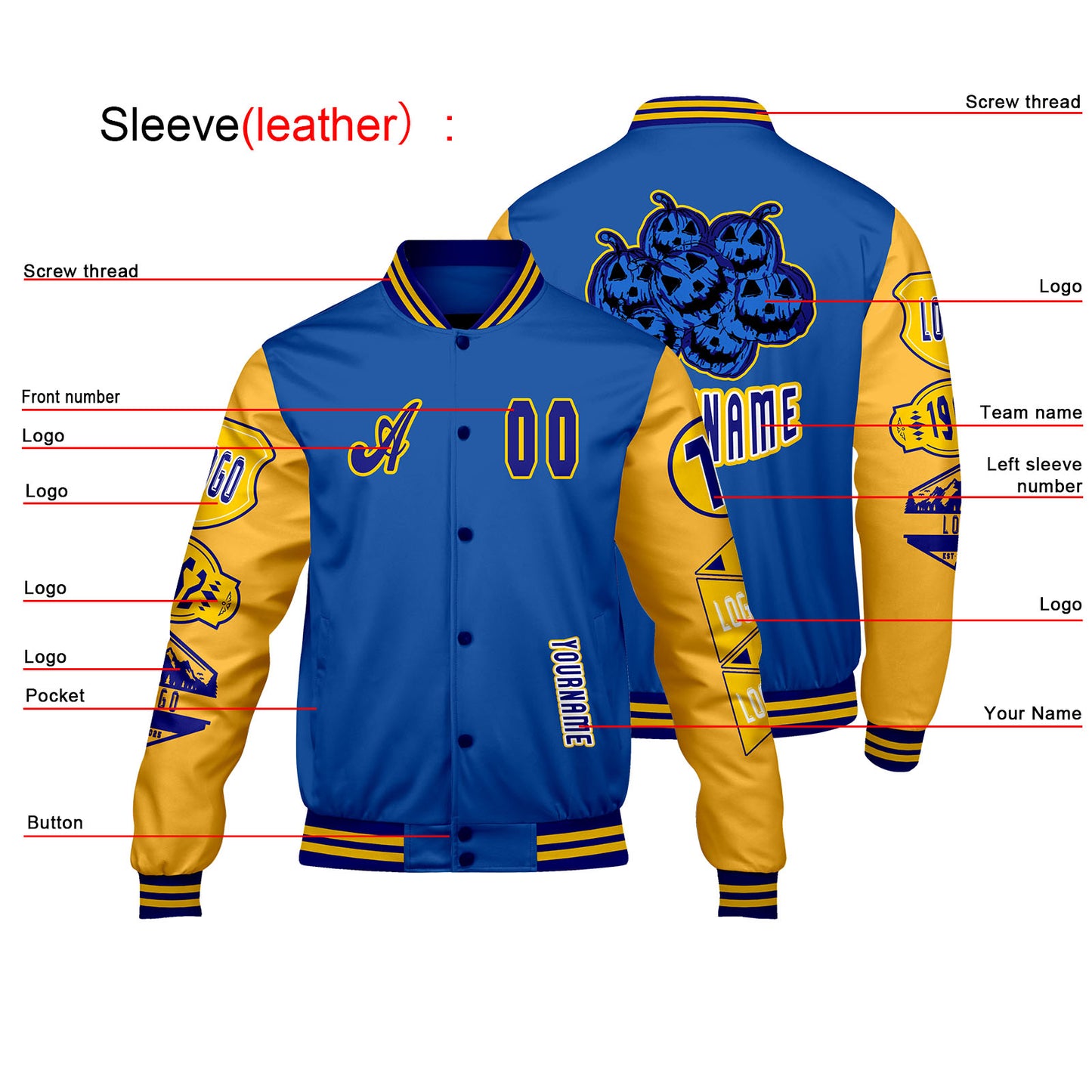Custom Blue Yellow Letterman Varsity Jacket Personalized Embroidery Printing