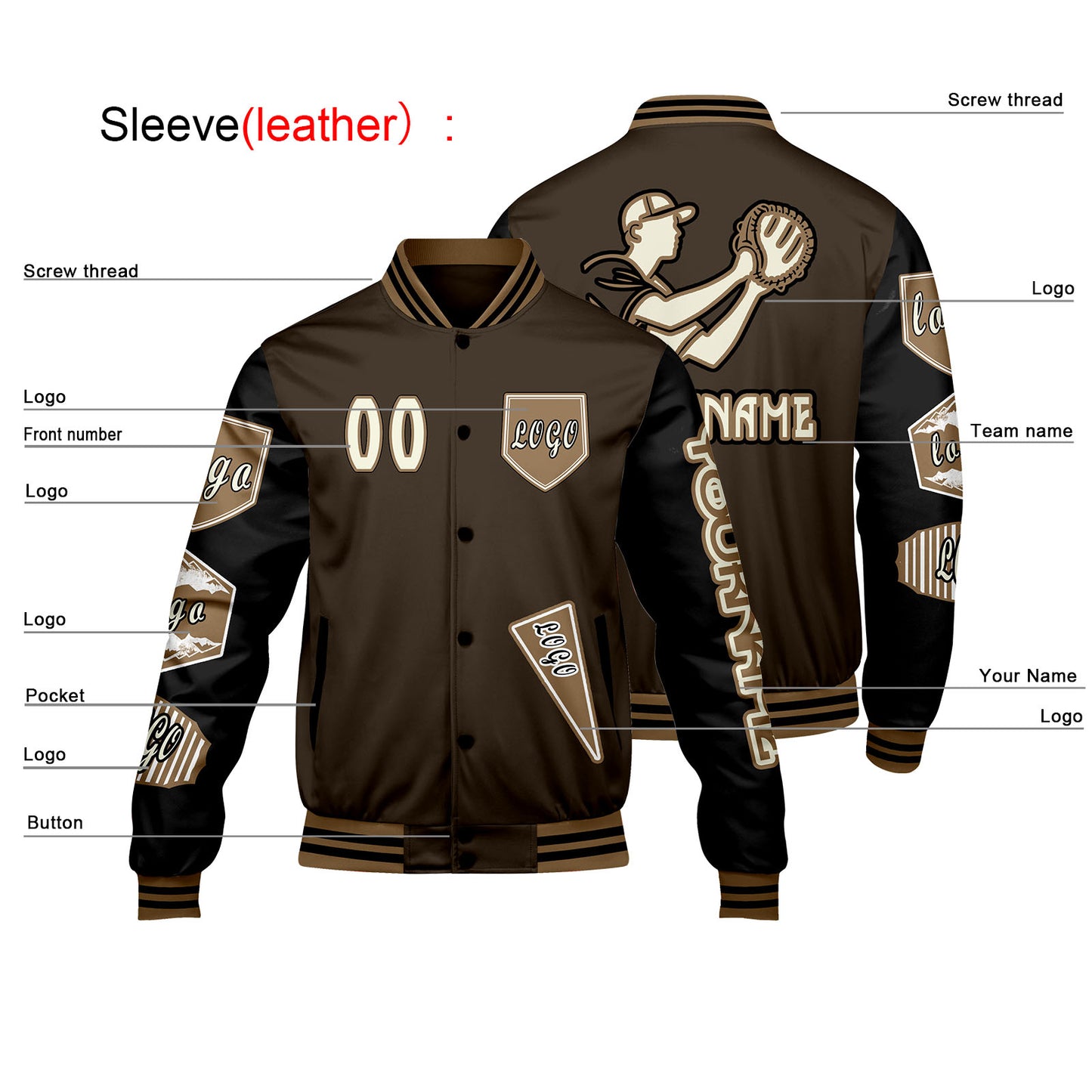 Custom Brown Black Letterman Varsity Jacket Personalized Embroidery Printing