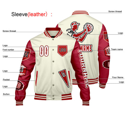 Custom White Bright Red Letterman Varsity Jacket Personalized Embroidery Printing