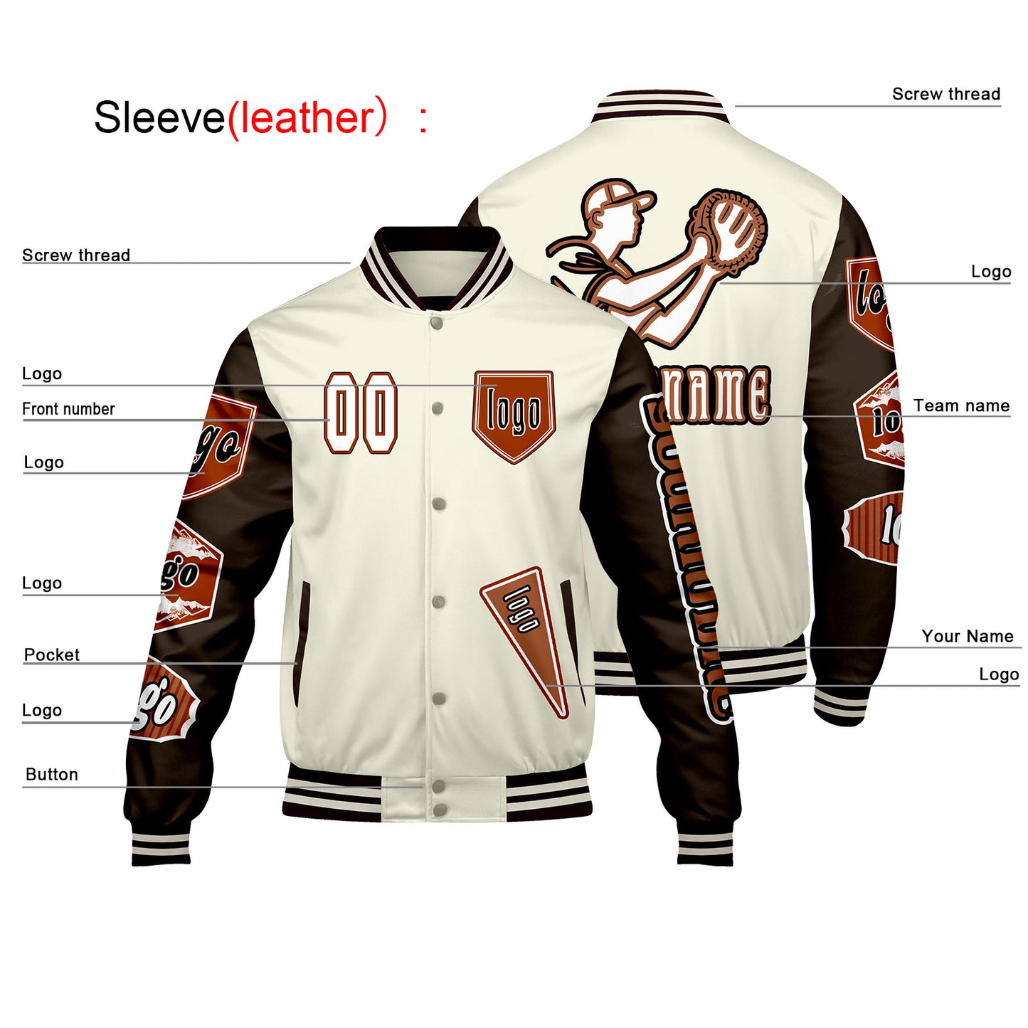 Custom White Brown Letterman Varsity Jacket Personalized Embroidery Printing