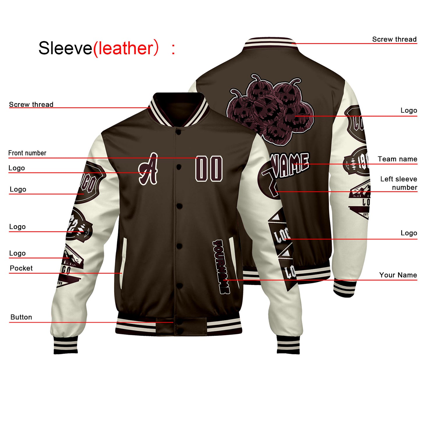 Custom Brown White Letterman Varsity Jacket Personalized Embroidery Printing