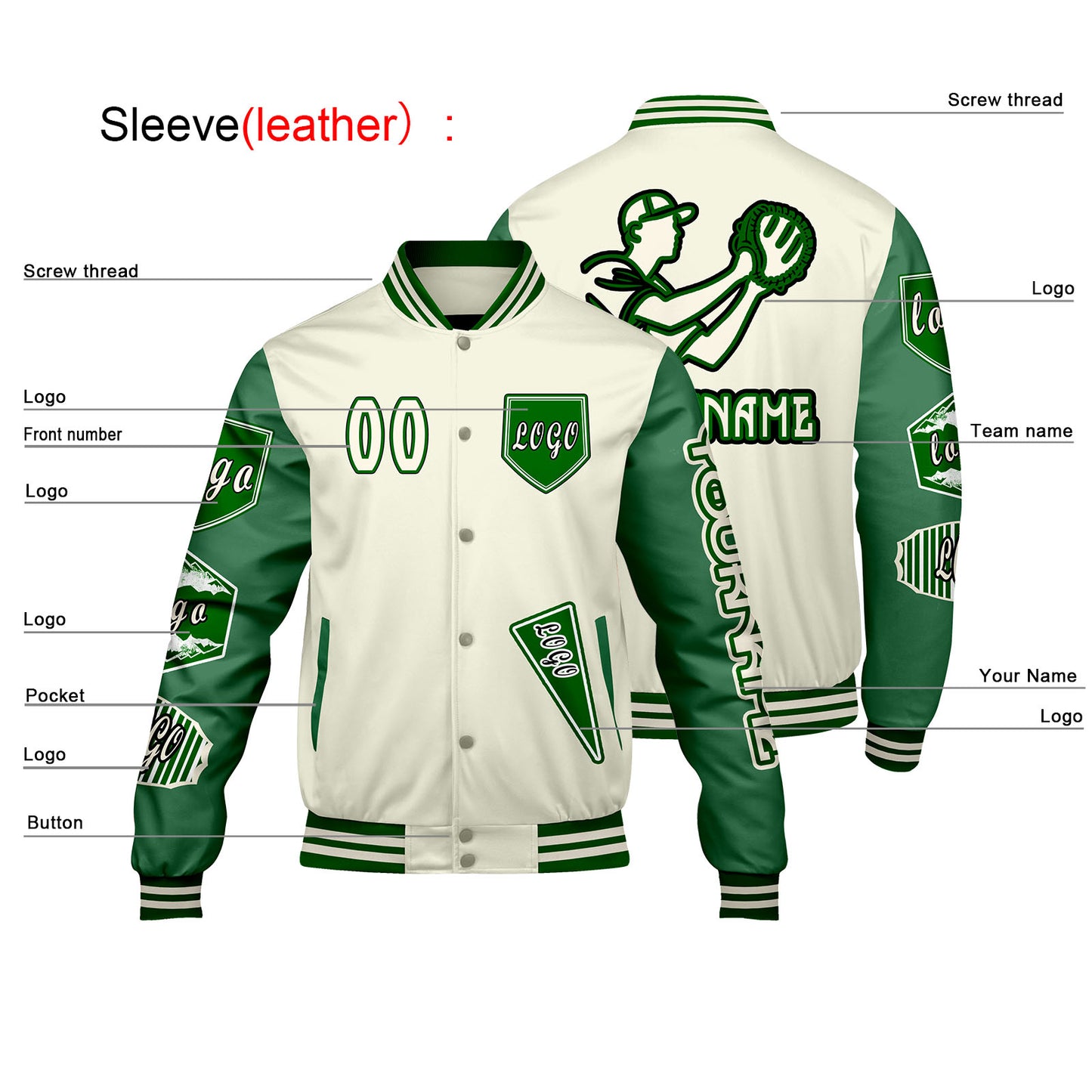 Custom White Grass Green Letterman Varsity Jacket Personalized Embroidery Printing