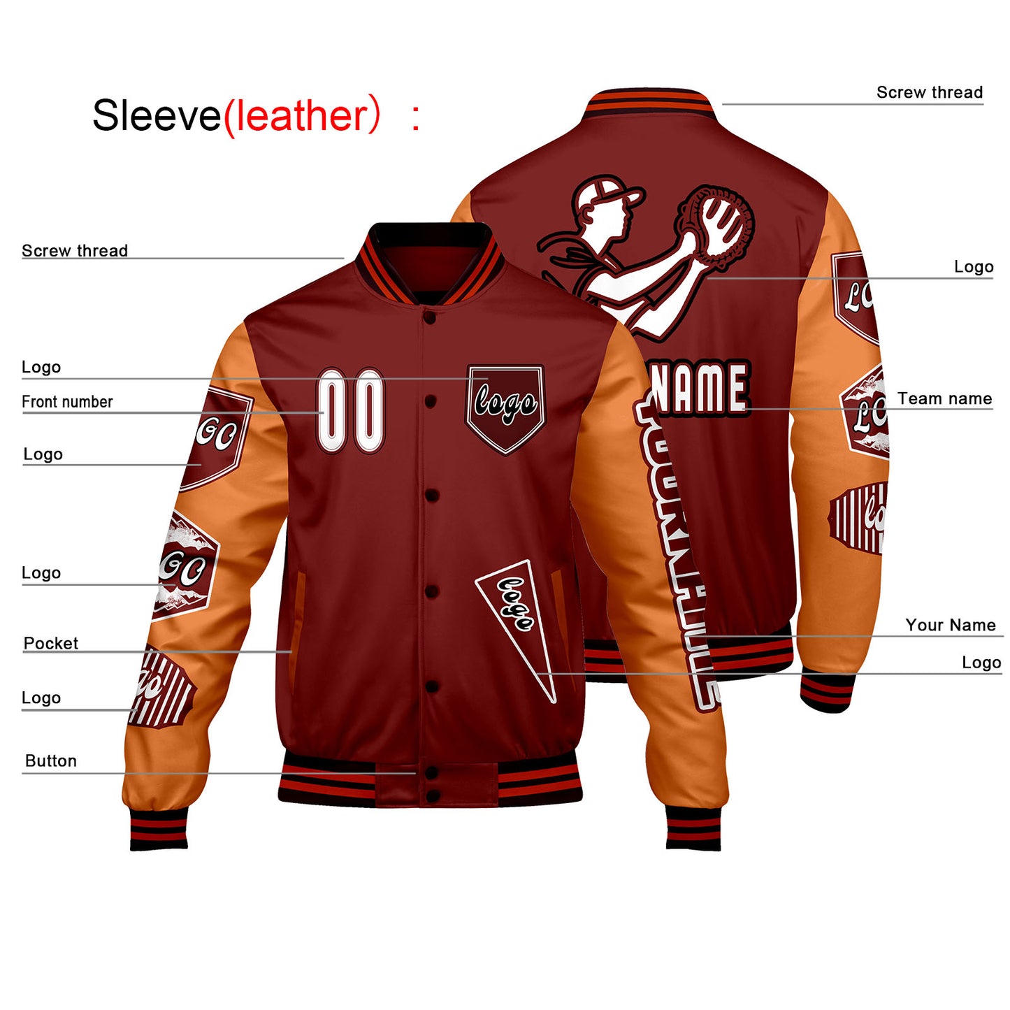 Custom Red Orange Letterman Varsity Jacket Personalized Embroidery Printing