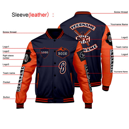 Custom Navy Orange Letterman Varsity Jacket Personalized Embroidery Printing