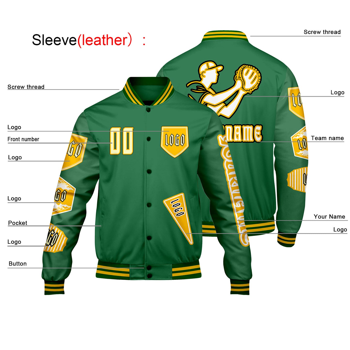 Custom Green Letterman Varsity Jacket Personalized Embroidery Printing