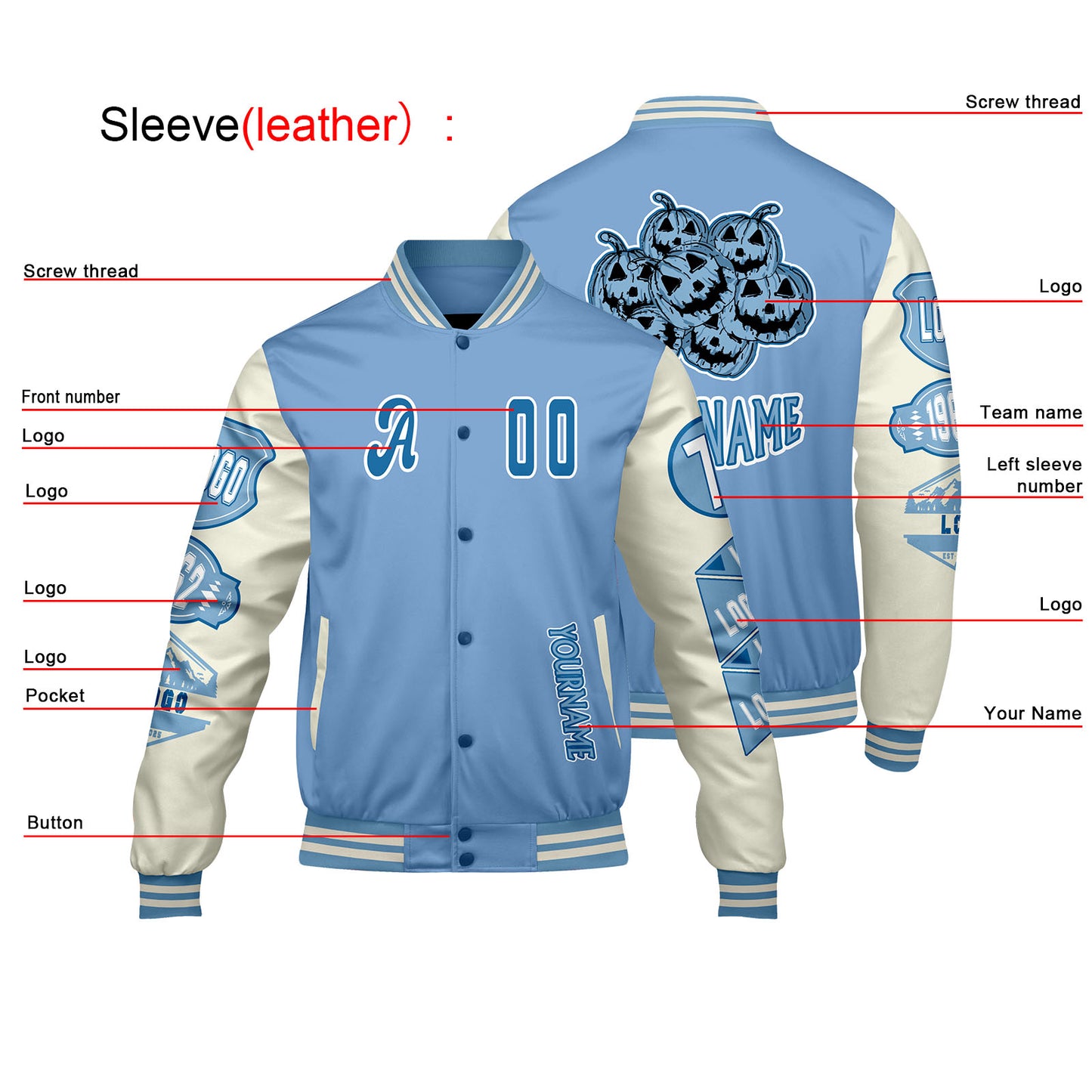 Custom Blue White Letterman Varsity Jacket Personalized Embroidery Printing