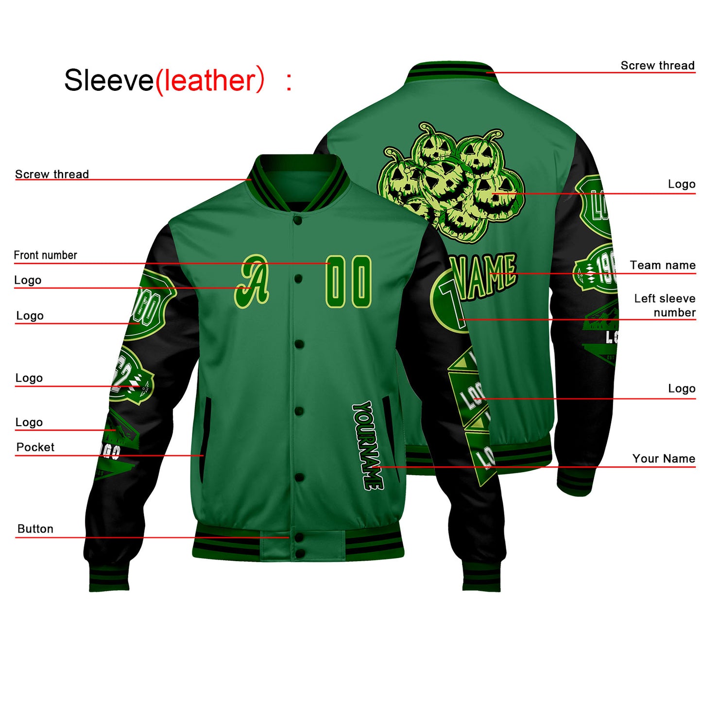 Custom Green Black Letterman Varsity Jacket Personalized Embroidery Printing