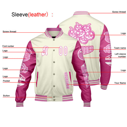 Custom White Pink Letterman Varsity Jacket Personalized Embroidery Printing