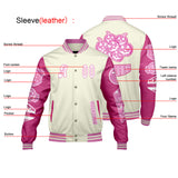 Custom White Pink Letterman Varsity Jacket Personalized Embroidery Printing