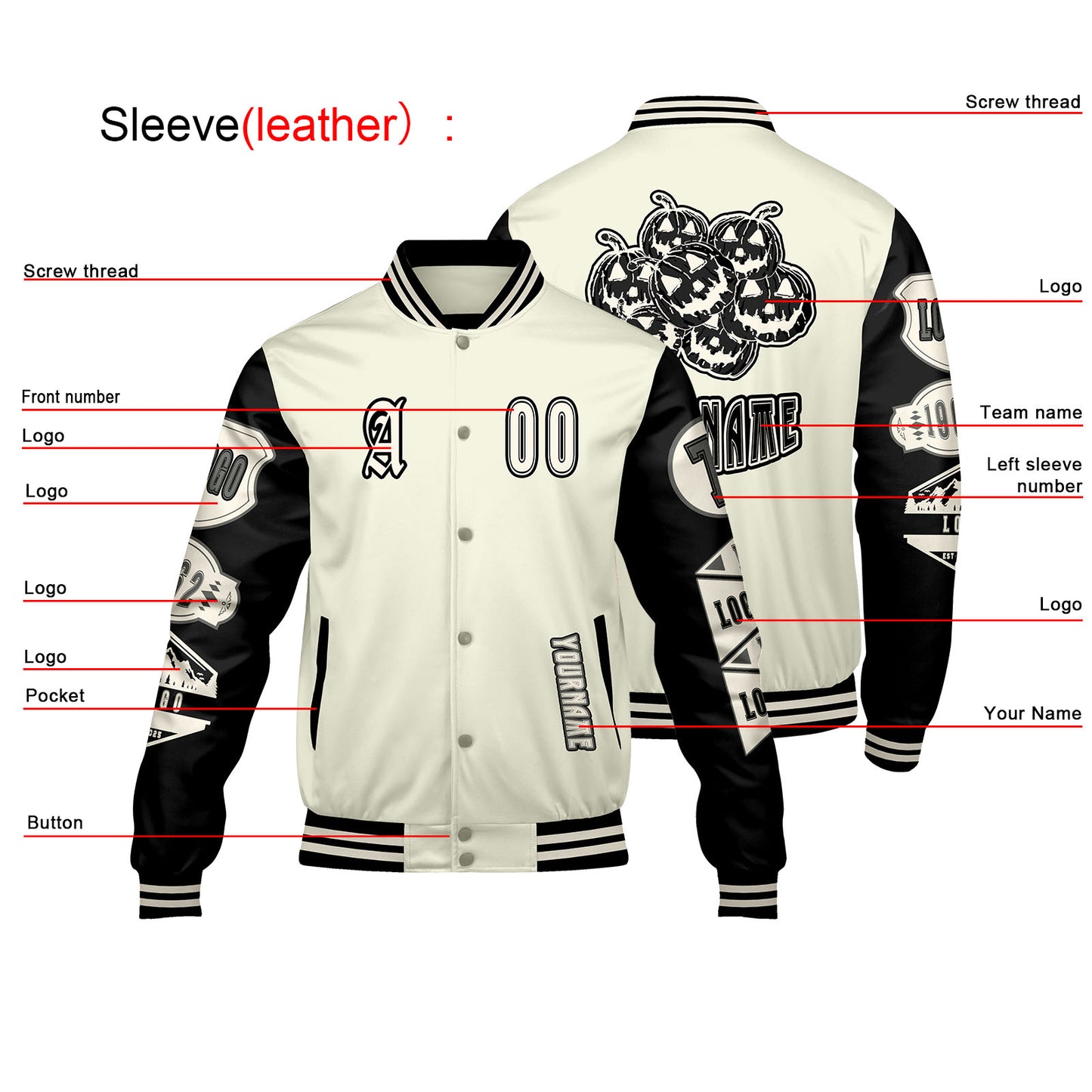 Custom White Black Letterman Varsity Jacket Personalized Embroidery Printing