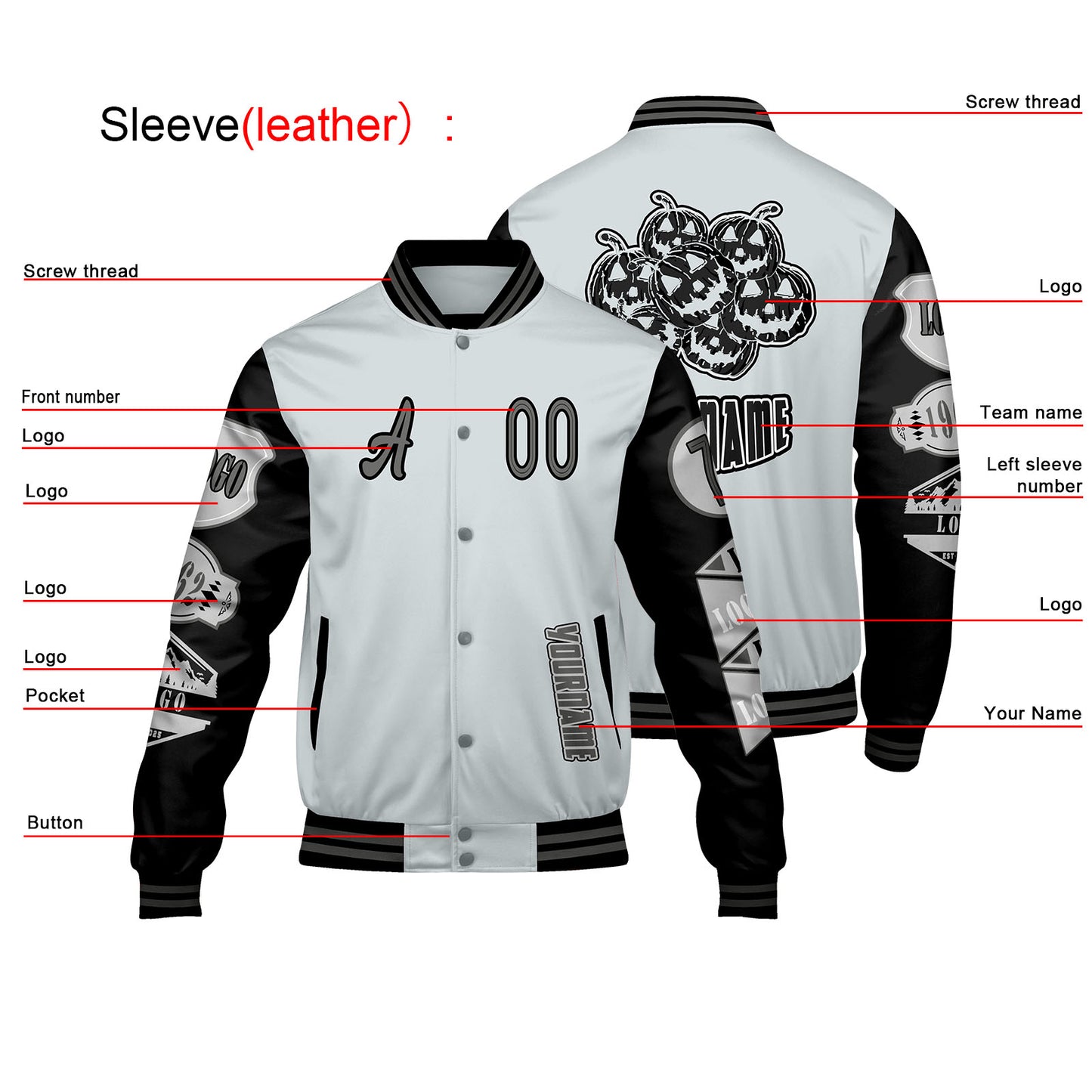 Custom Gray Black Letterman Varsity Jacket Personalized Embroidery Printing