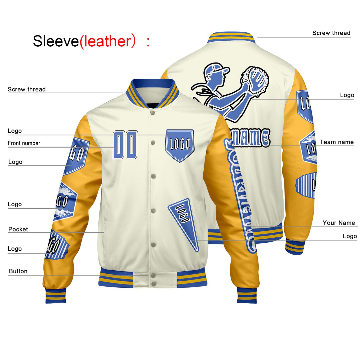 Custom White Yellow Letterman Varsity Jacket Personalized Embroidery Printing