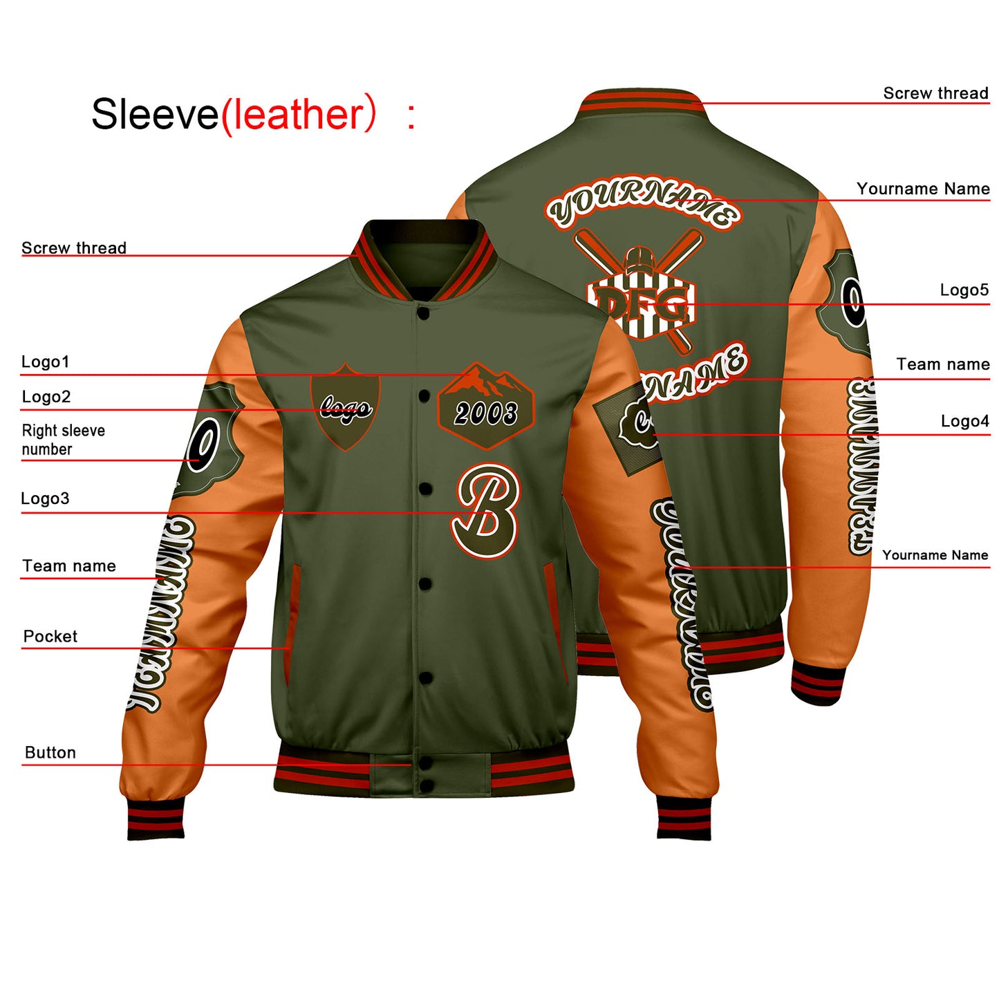 Custom Olive Green Orange Letterman Varsity Jacket Personalized Embroidery Printing