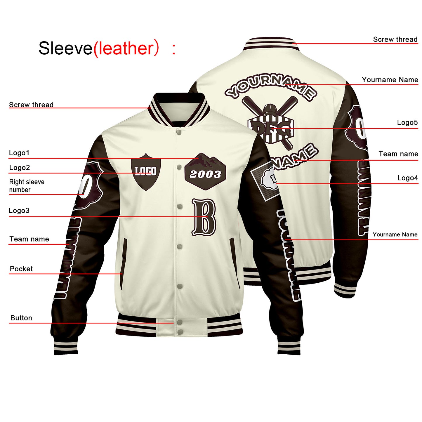 Custom White Brown Letterman Varsity Jacket Personalized Embroidery Printing