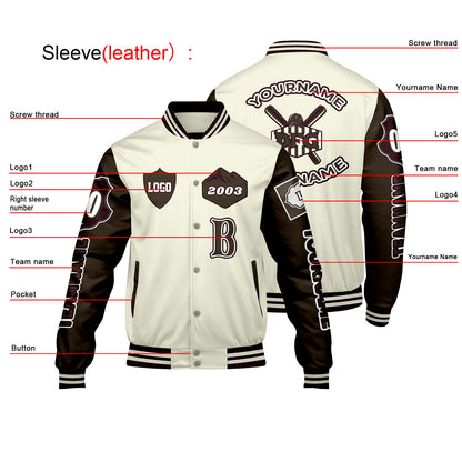Custom White Brown Letterman Varsity Jacket Personalized Embroidery Printing
