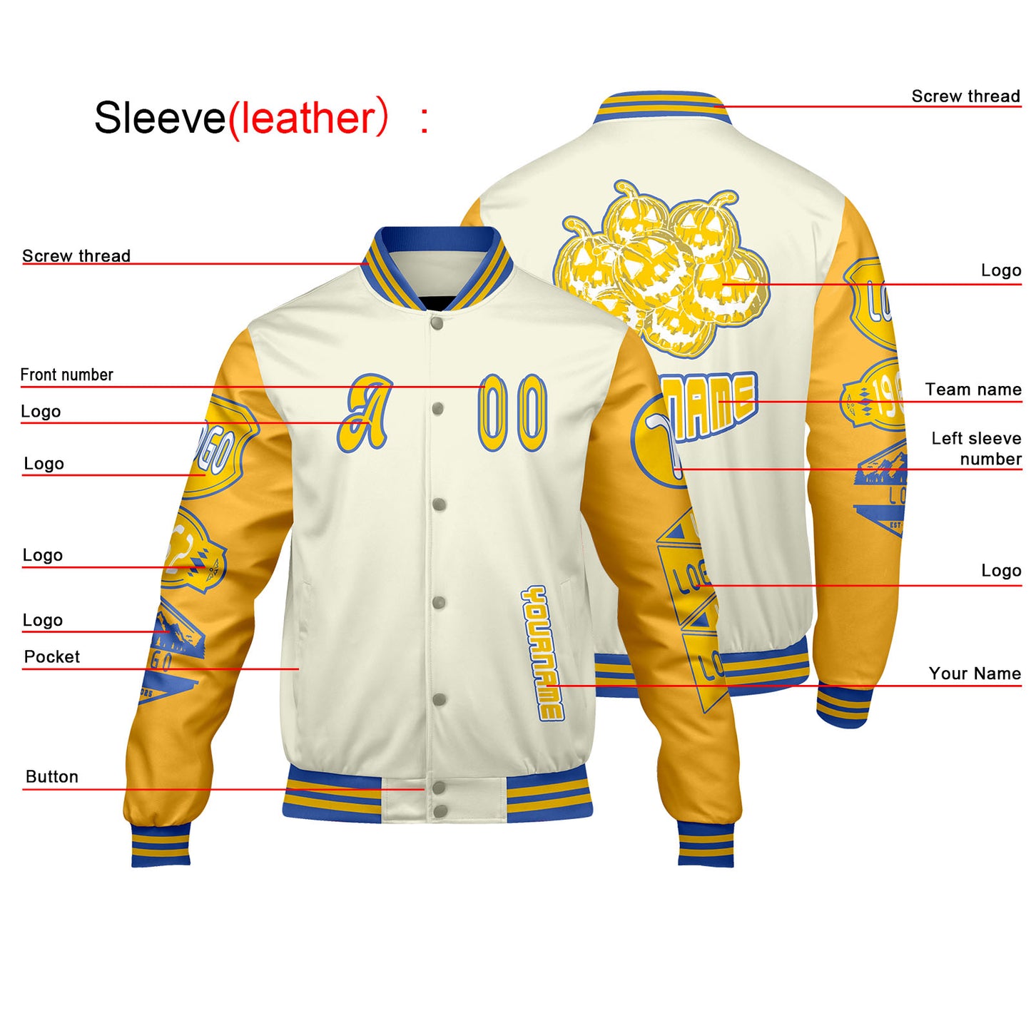 Custom White Yellow Letterman Varsity Jacket Personalized Embroidery Printing