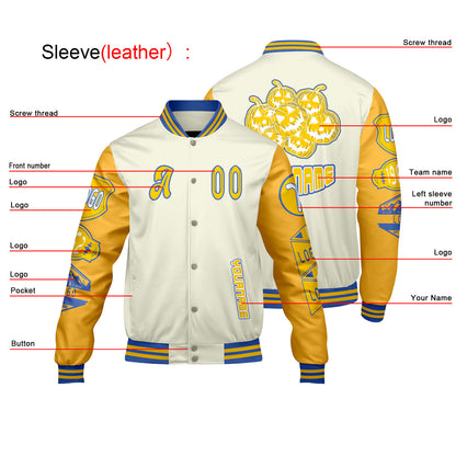 Custom White Yellow Letterman Varsity Jacket Personalized Embroidery Printing