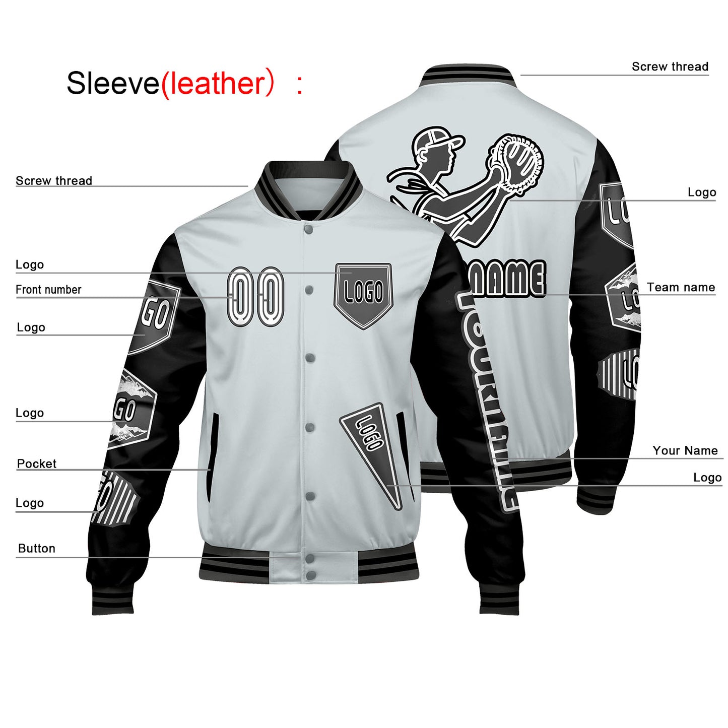 Custom Gray Black Letterman Varsity Jacket Personalized Embroidery Printing