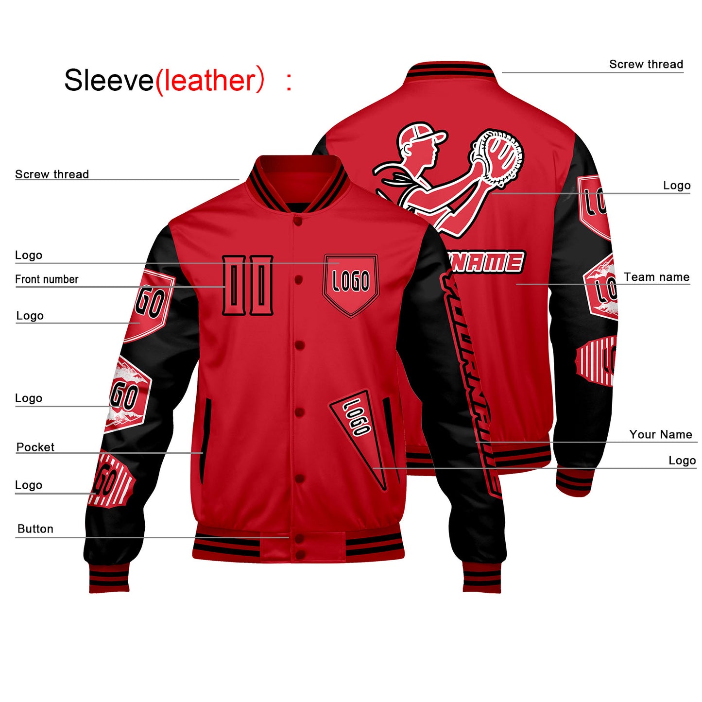 Custom Red Black Letterman Varsity Jacket Personalized Embroidery Printing