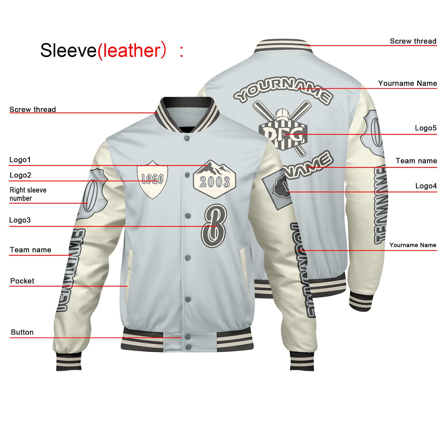 Custom Gray White Letterman Varsity Jacket Personalized Embroidery Printing