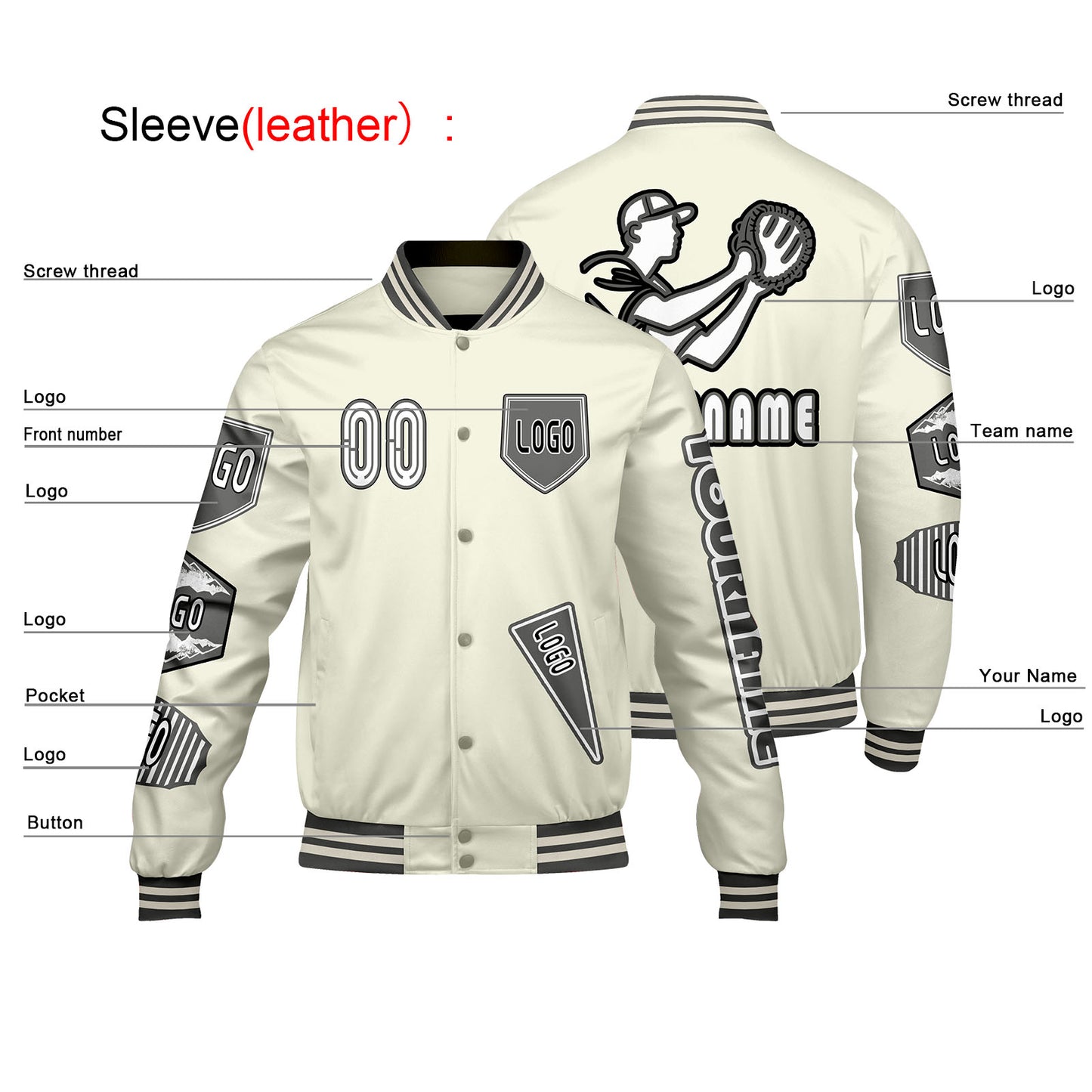 Custom White Letterman Varsity Jacket Personalized Embroidery Printing