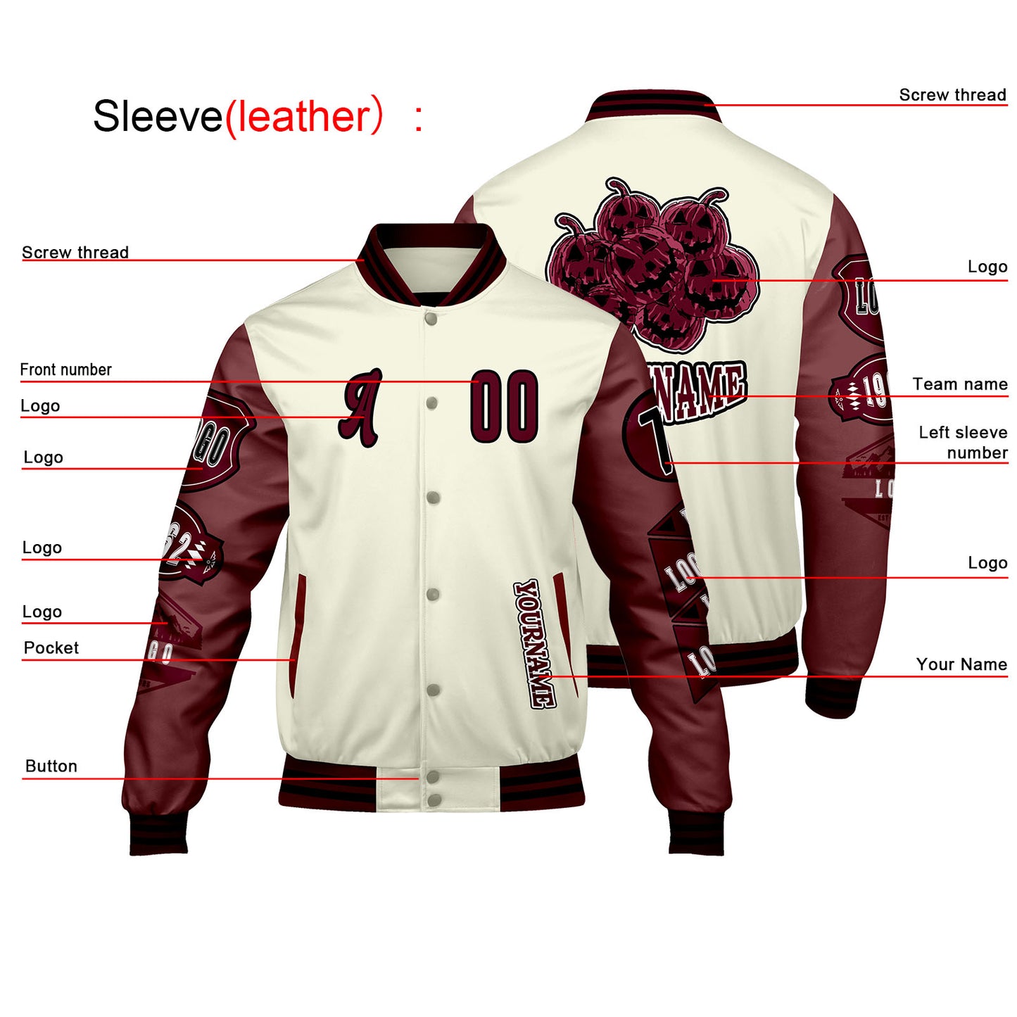 Custom White Burgundy Letterman Varsity Jacket Personalized Embroidery Printing