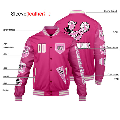 Custom Pink Letterman Varsity Jacket Personalized Embroidery Printing