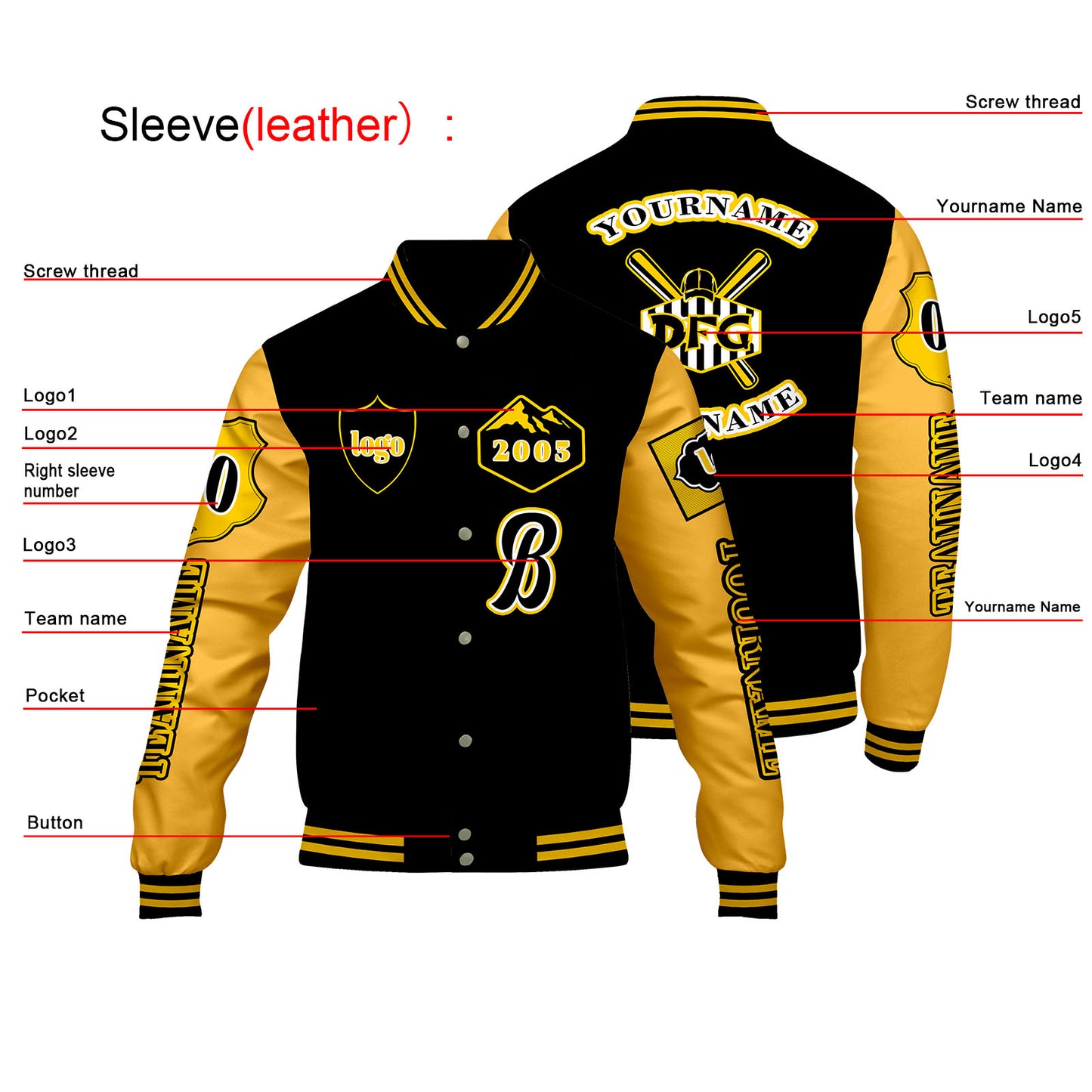 Custom Black Yellow Letterman Varsity Jacket Personalized Embroidery Printing