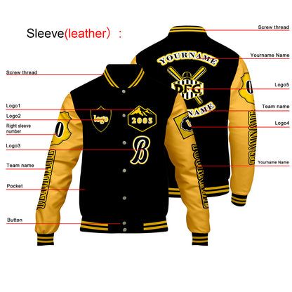 Custom Black Yellow Letterman Varsity Jacket Personalized Embroidery Printing