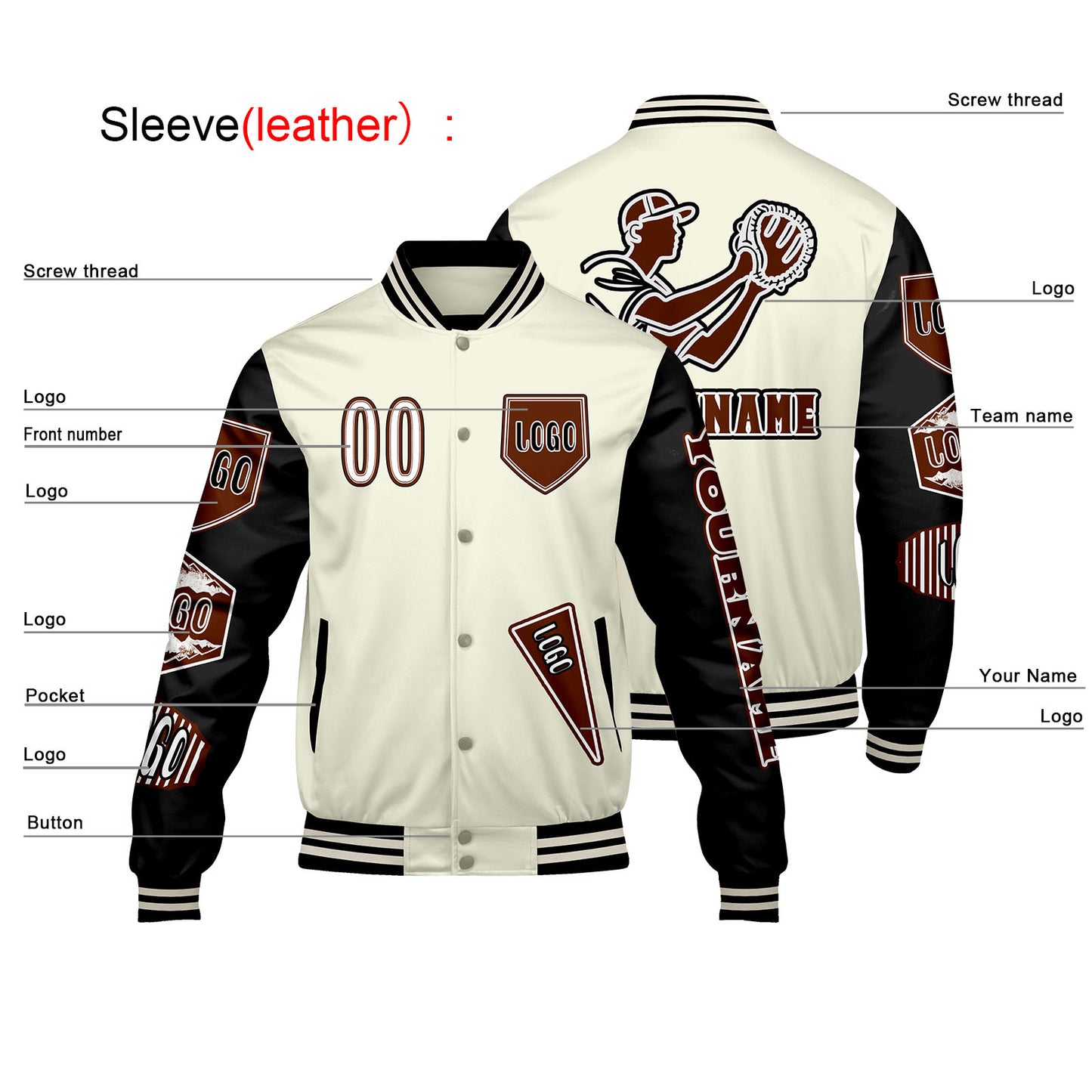 Custom White Black Letterman Varsity Jacket Personalized Embroidery Printing
