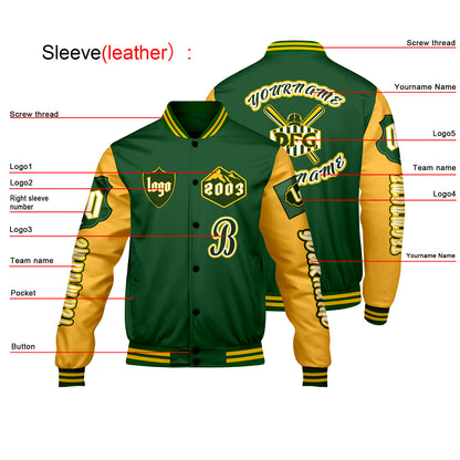 Custom Green Yellow Letterman Varsity Jacket Personalized Embroidery Printing