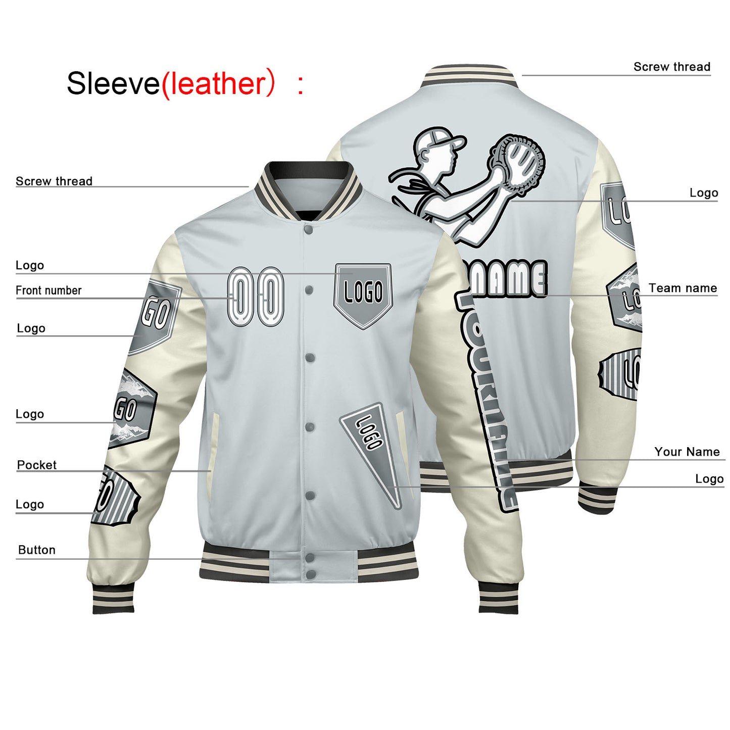 Custom Gray White Letterman Varsity Jacket Personalized Embroidery Printing