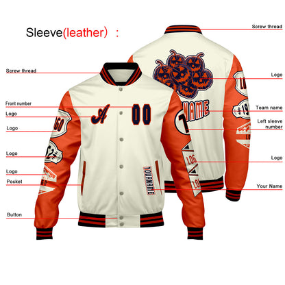 Custom White Bright Orange Letterman Varsity Jacket Personalized Embroidery Printing