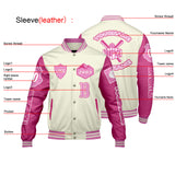 Custom White Pink Letterman Varsity Jacket Personalized Embroidery Printing