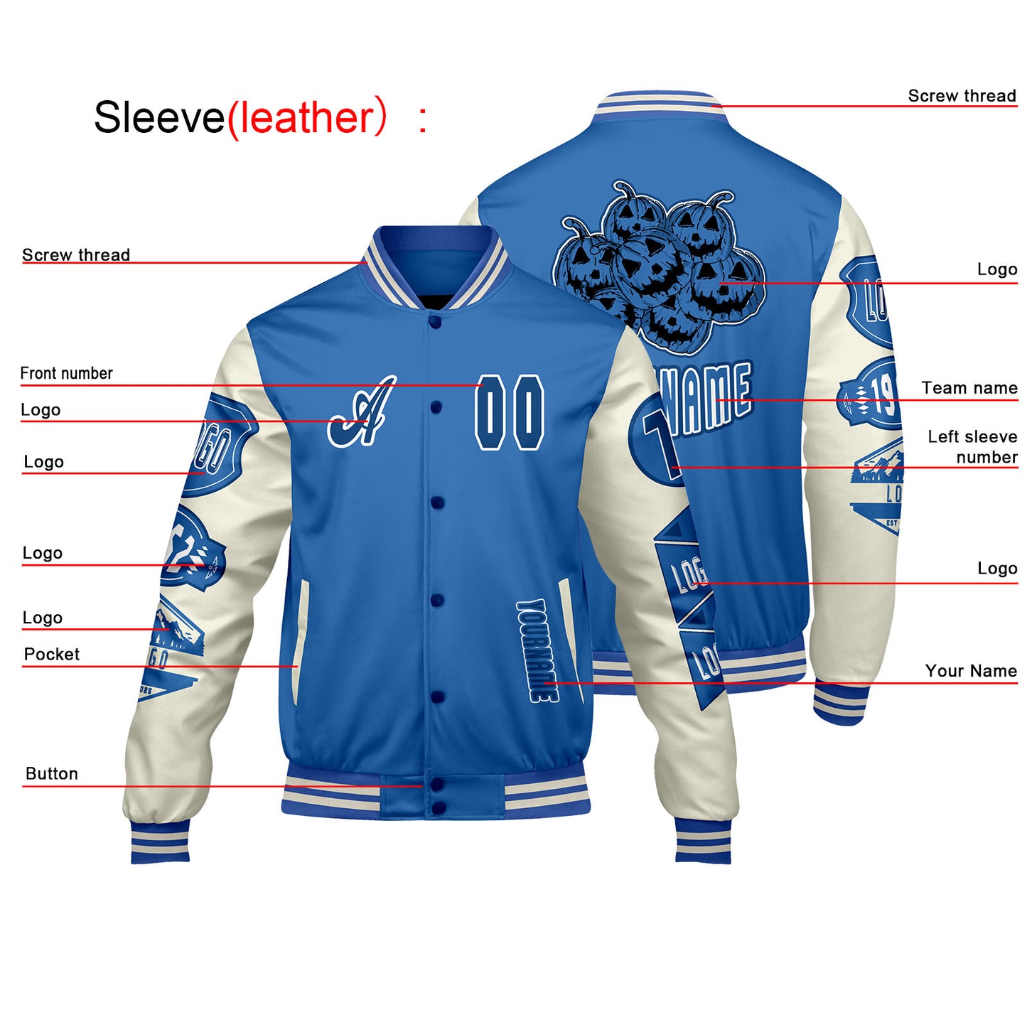 Custom Blue White Letterman Varsity Jacket Personalized Embroidery Printing