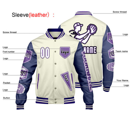 Custom White Purple Letterman Varsity Jacket Personalized Embroidery Printing