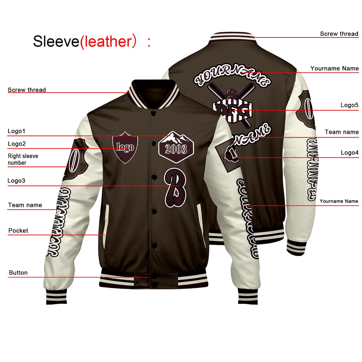 Custom Brown White Letterman Varsity Jacket Personalized Embroidery Printing