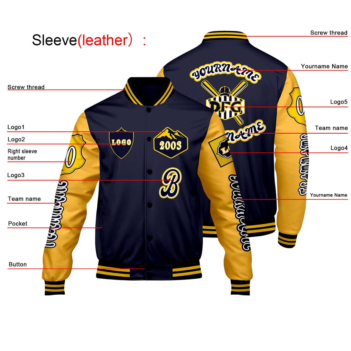 Custom Navy Yellow Letterman Varsity Jacket Personalized Embroidery Printing