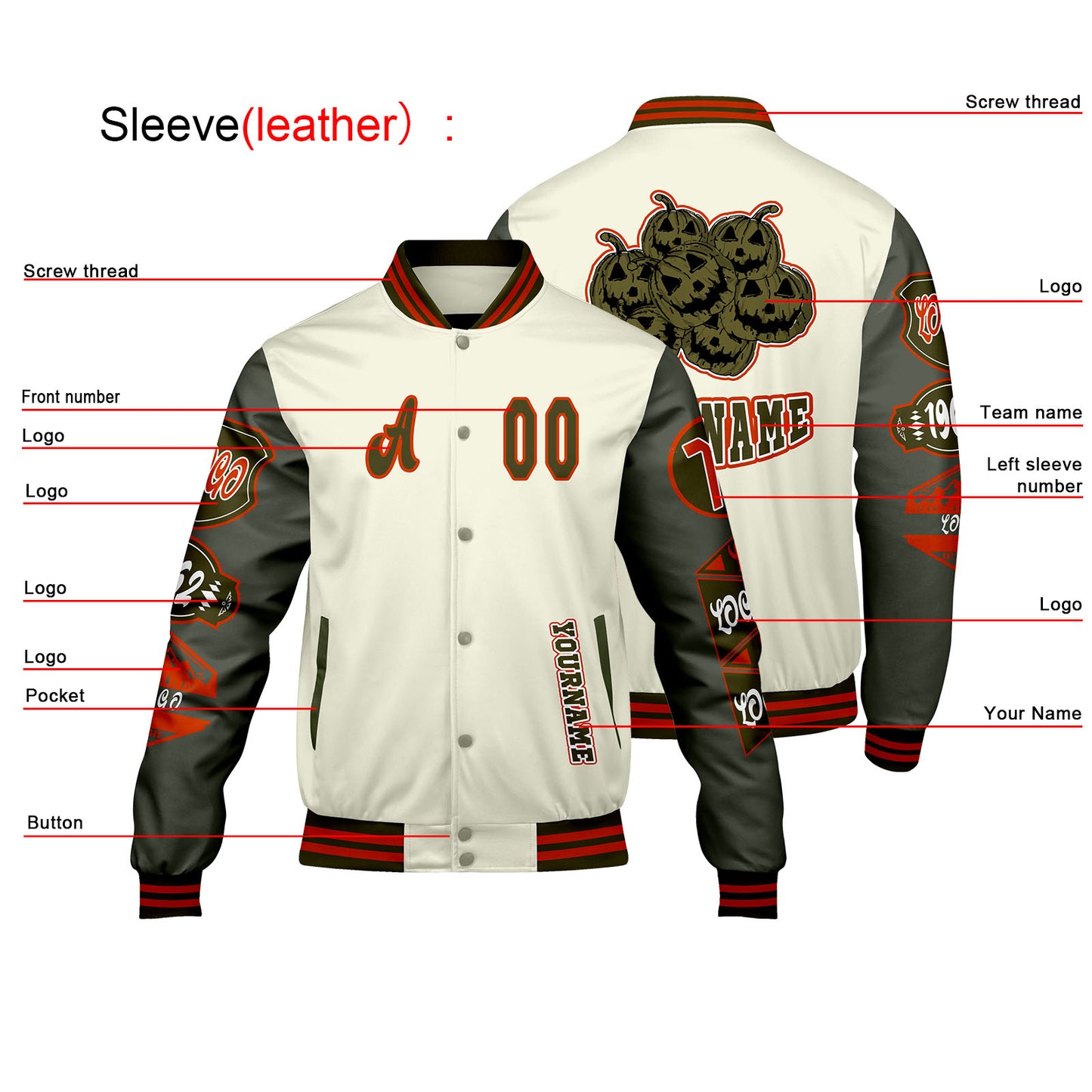 Custom White Military Green Letterman Varsity Jacket Personalized Embroidery Printing