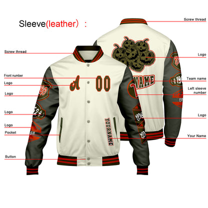 Custom White Military Green Letterman Varsity Jacket Personalized Embroidery Printing