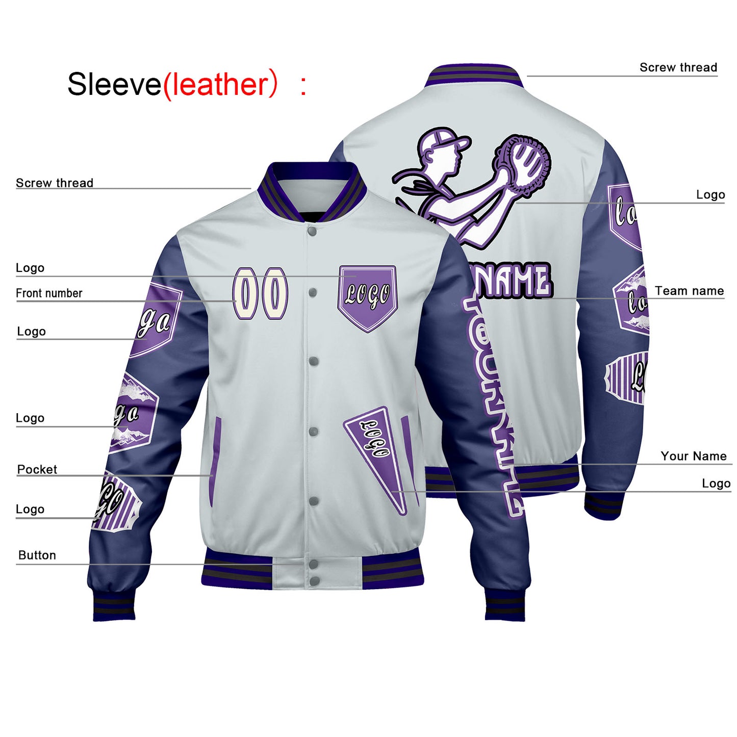 Custom Gray Purple Letterman Varsity Jacket Personalized Embroidery Printing