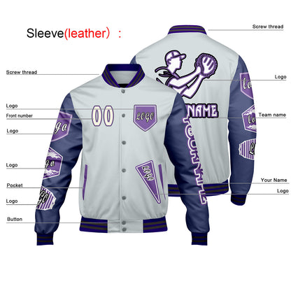 Custom Gray Purple Letterman Varsity Jacket Personalized Embroidery Printing
