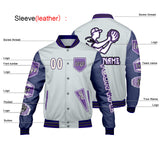 Custom Gray Purple Letterman Varsity Jacket Personalized Embroidery Printing