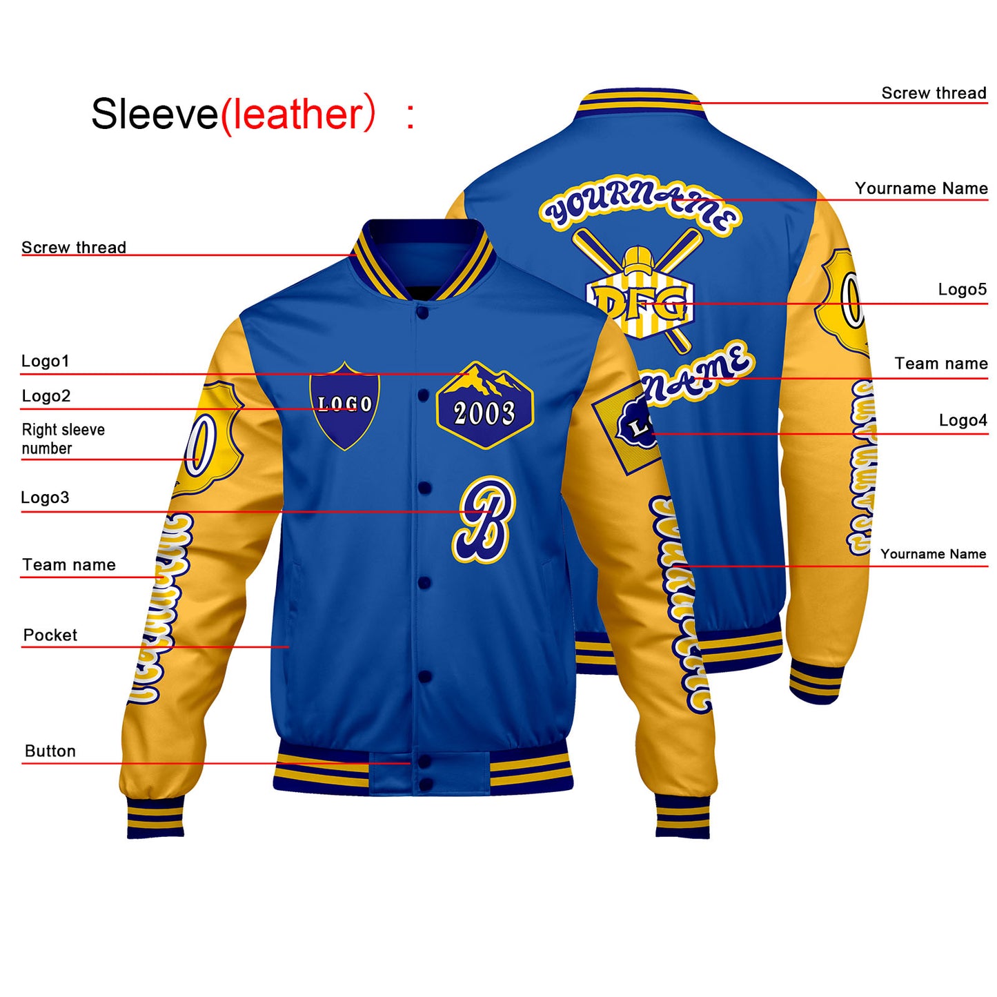 Custom Blue Yellow Letterman Varsity Jacket Personalized Embroidery Printing