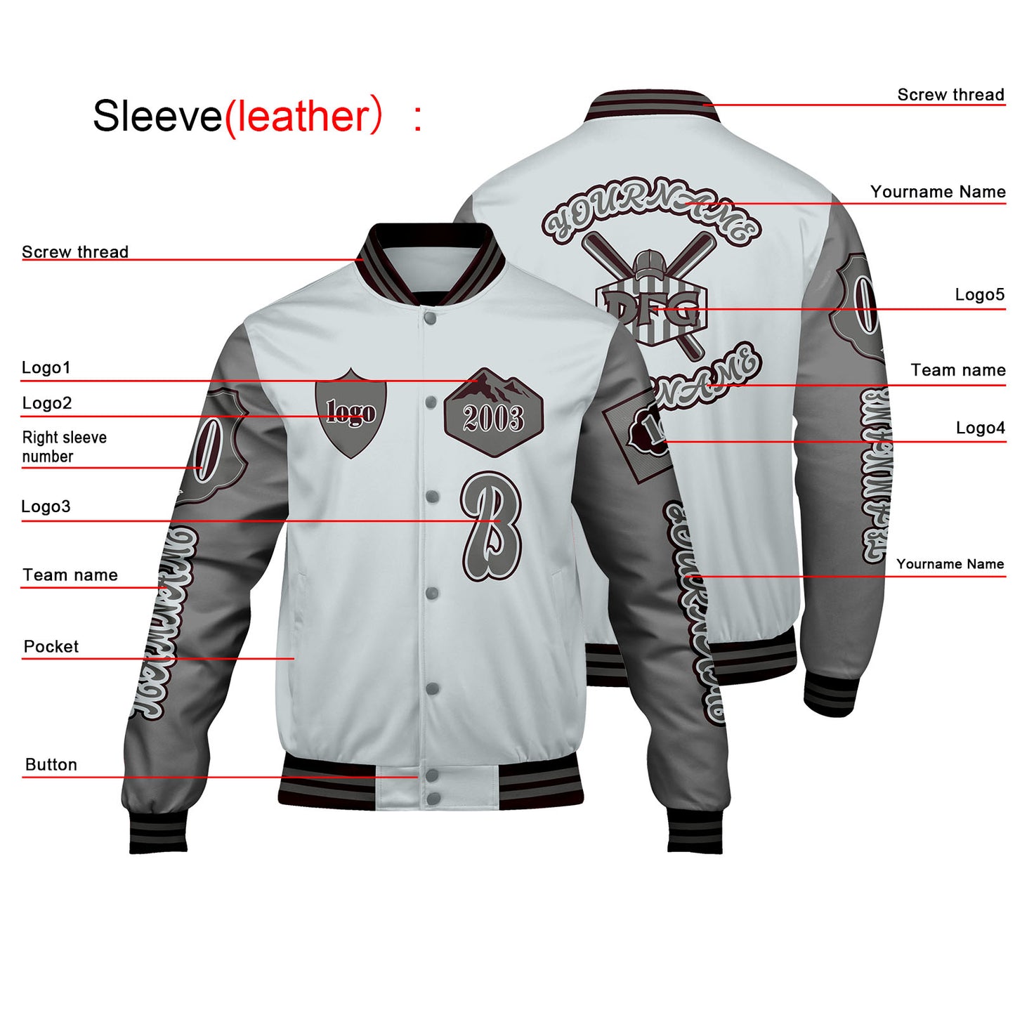 Custom Gray Letterman Varsity Jacket Personalized Embroidery Printing