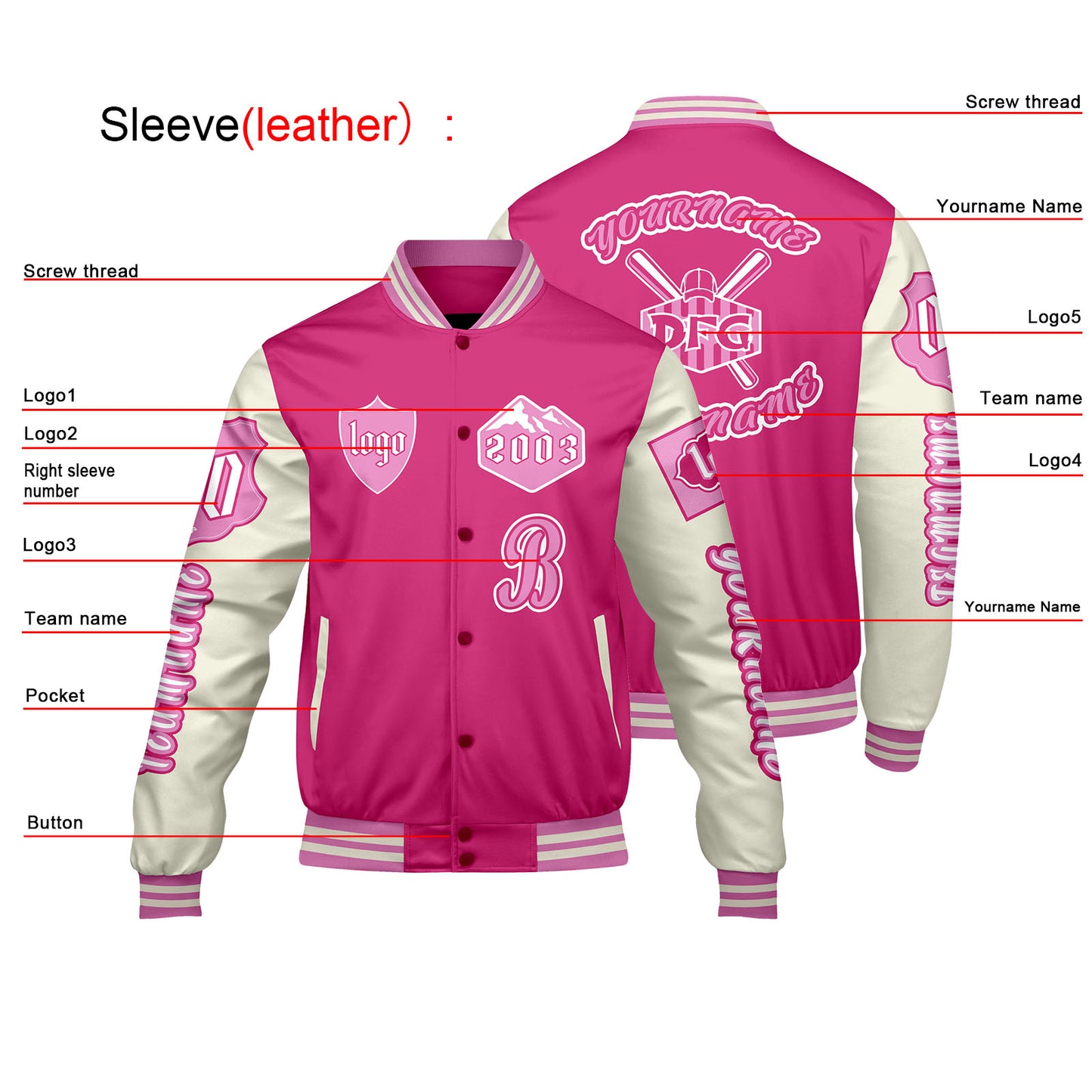 Custom Pink White Letterman Varsity Jacket Personalized Embroidery Printing