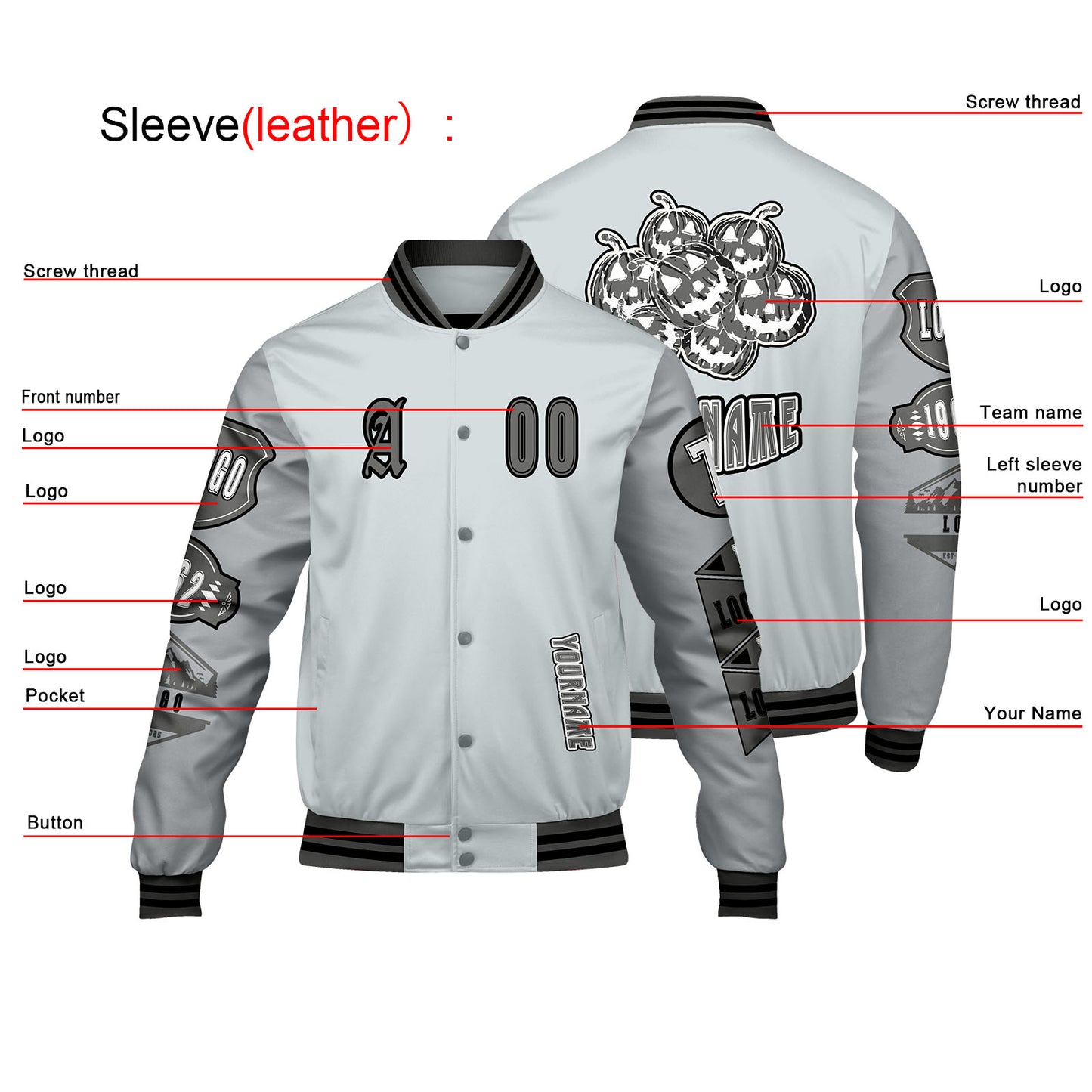 Custom Gray Letterman Varsity Jacket Personalized Embroidery Printing