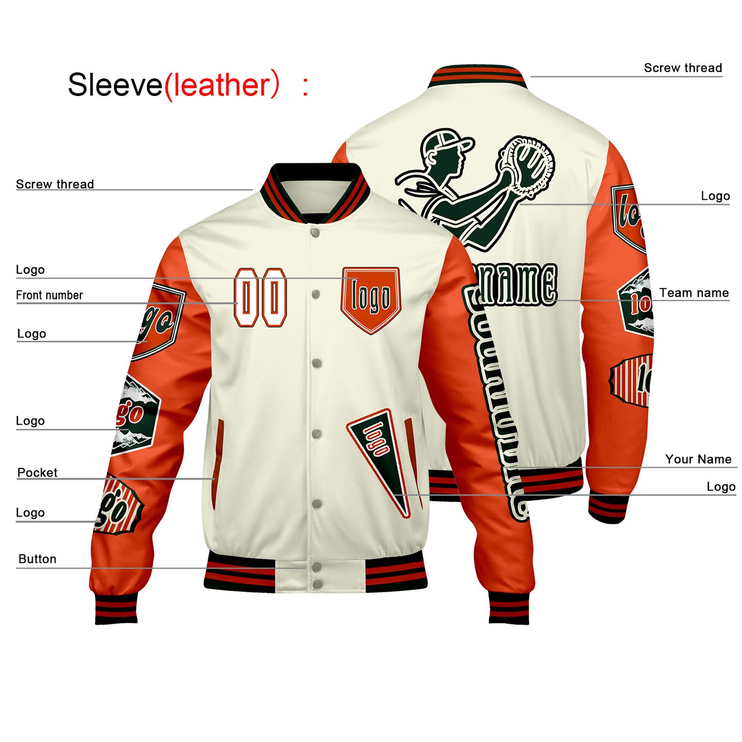 Custom White Bright Orange Letterman Varsity Jacket Personalized Embroidery Printing