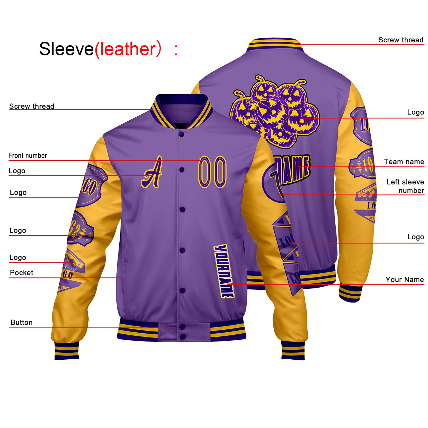 Custom Purple Yellow Letterman Varsity Jacket Personalized Embroidery Printing