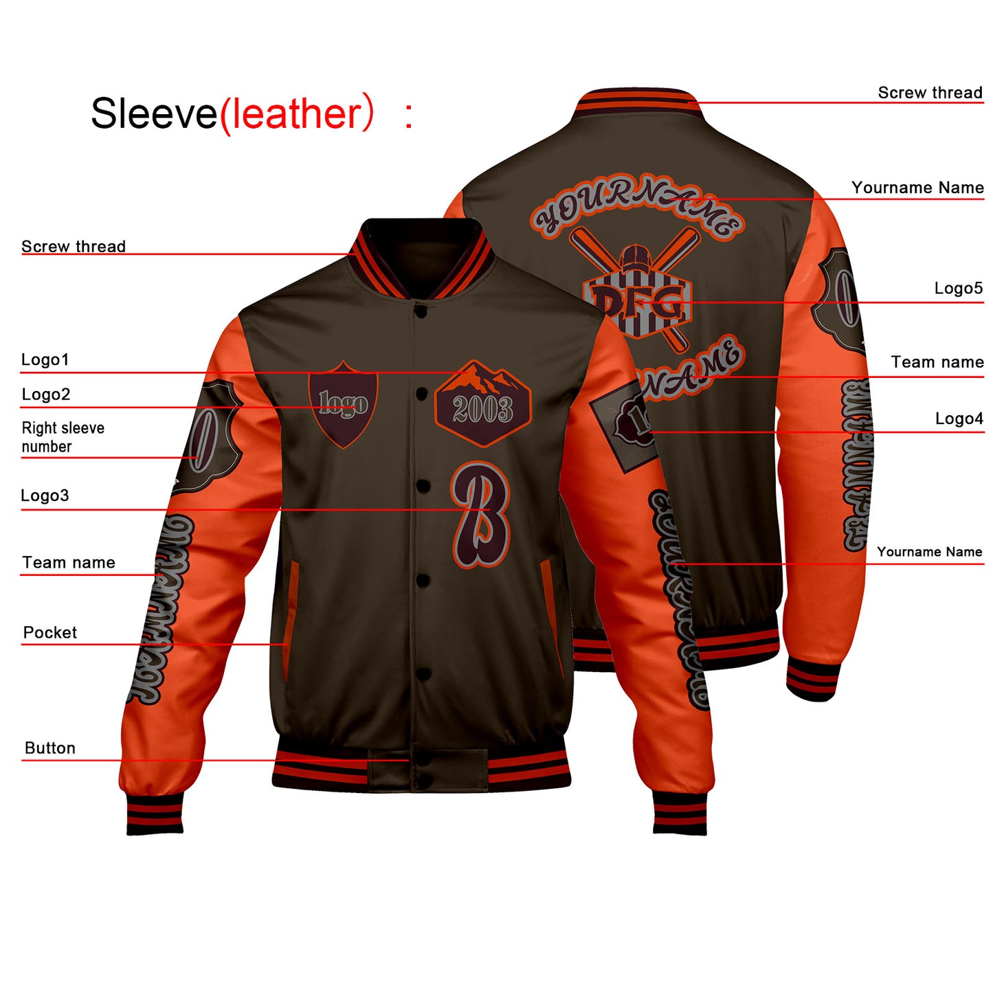 Custom Brown Orange Letterman Varsity Jacket Personalized Embroidery Printing